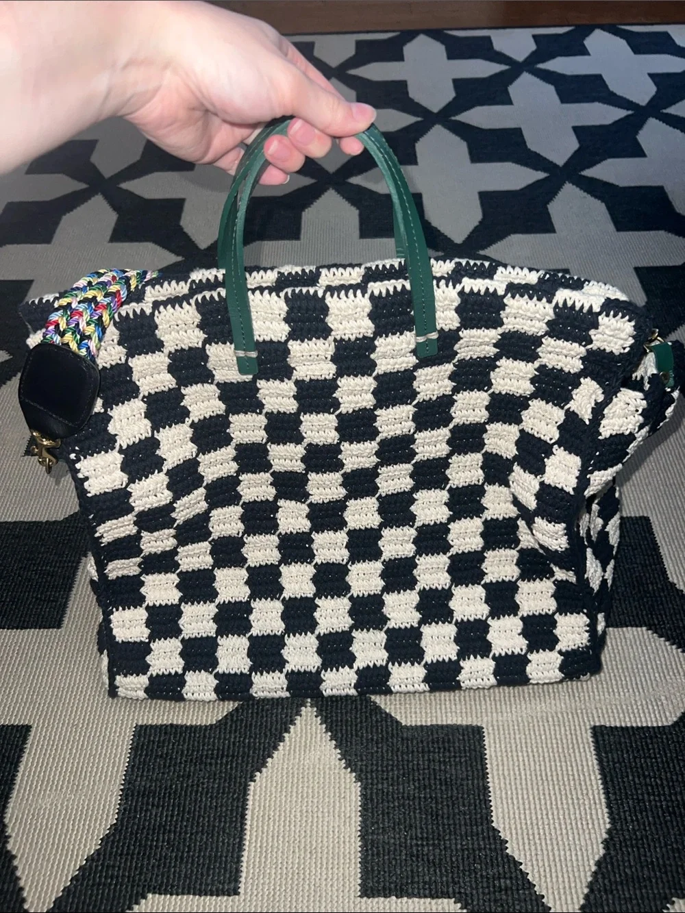 Clare V Black and Cream Summer Simple Tote with Multicolor Woven Shoulder Strap